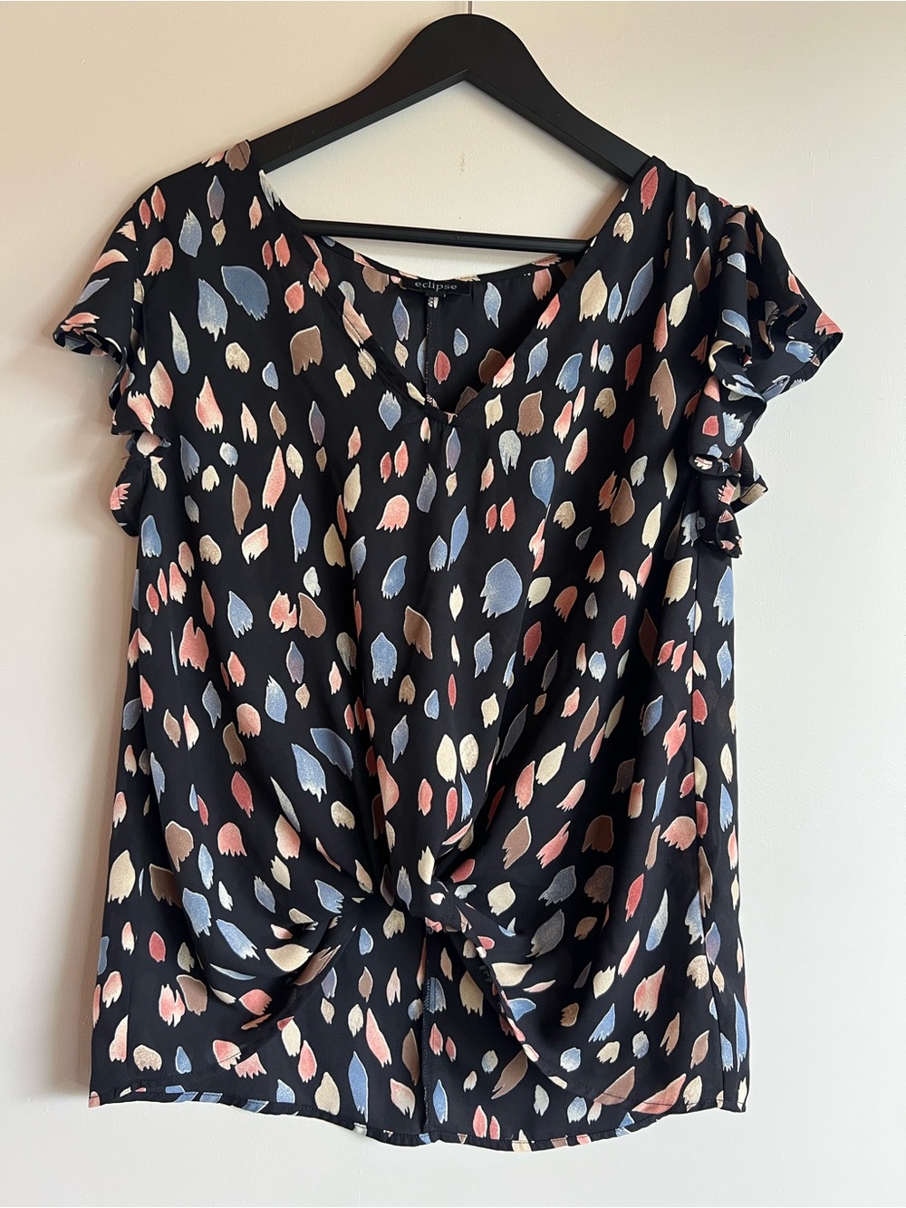 Eclipse Flutter Sleeve Botton Knot Front Blouse Medium Abstract Print Black Top